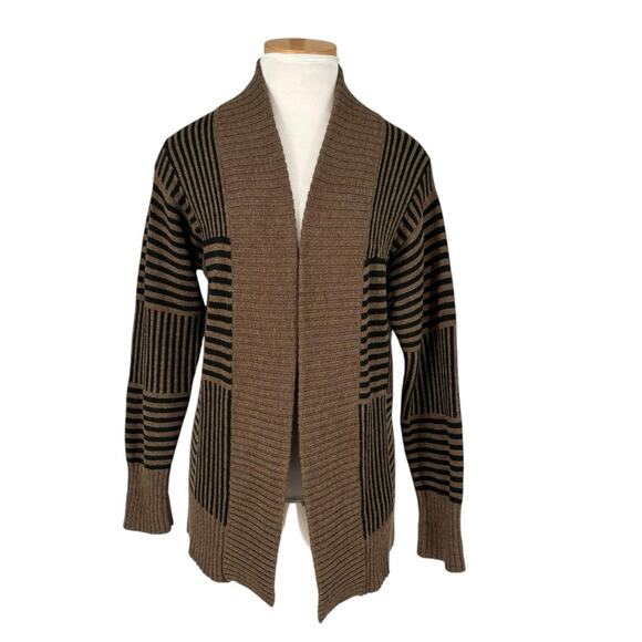 Helen HSU NY Wool Blend Open Cardigan XS Beige Black Geometric Stripe Old Money - Picture 1 of 11
